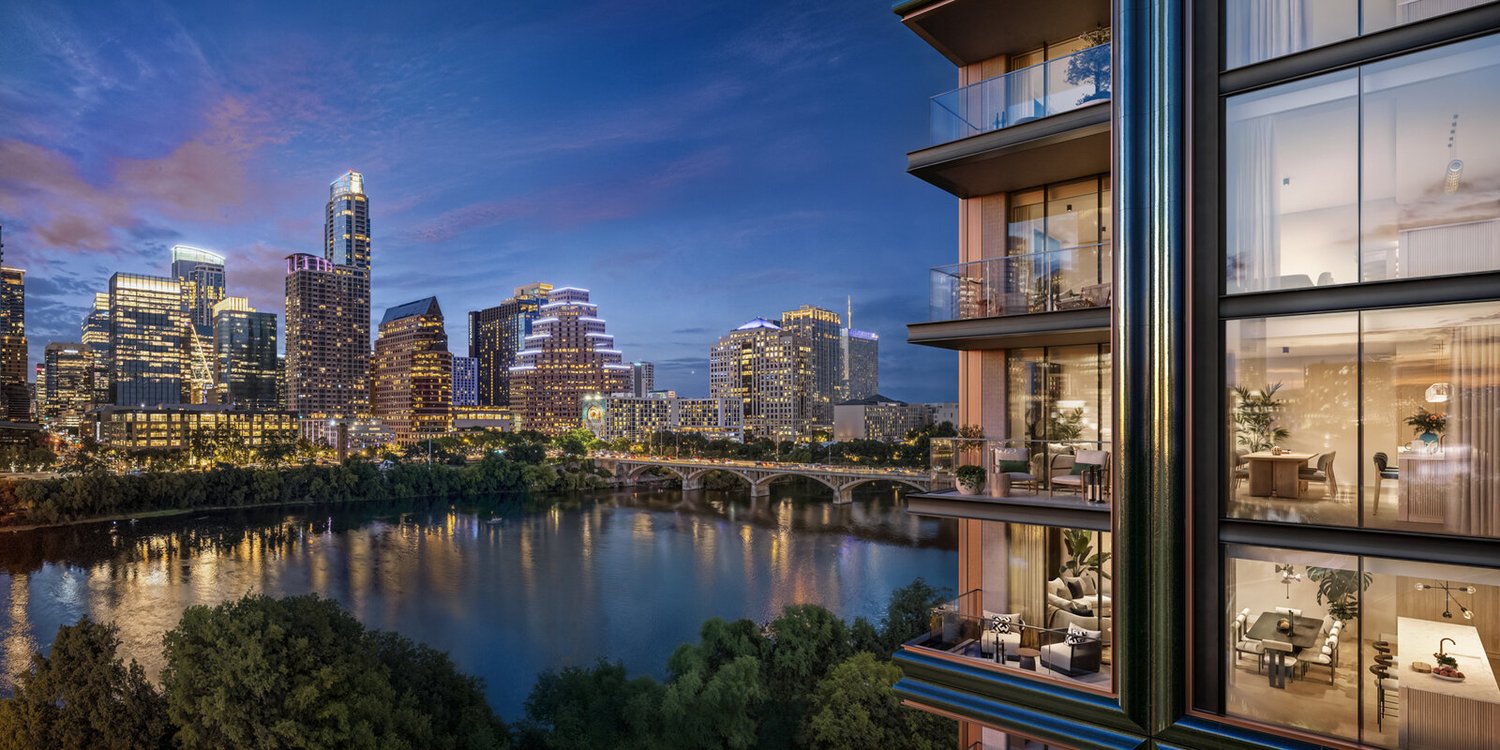 Rendering of the view from One Lady Bird Lake toward the downtown Austin skyline and Congress Avenue Bridge
