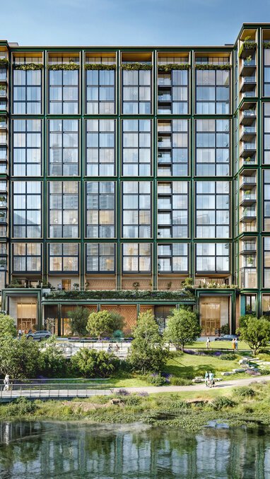Rendering of One Lady Bird Lake from across the lake, showing the tower's green-framed facade and trailfront landscaping