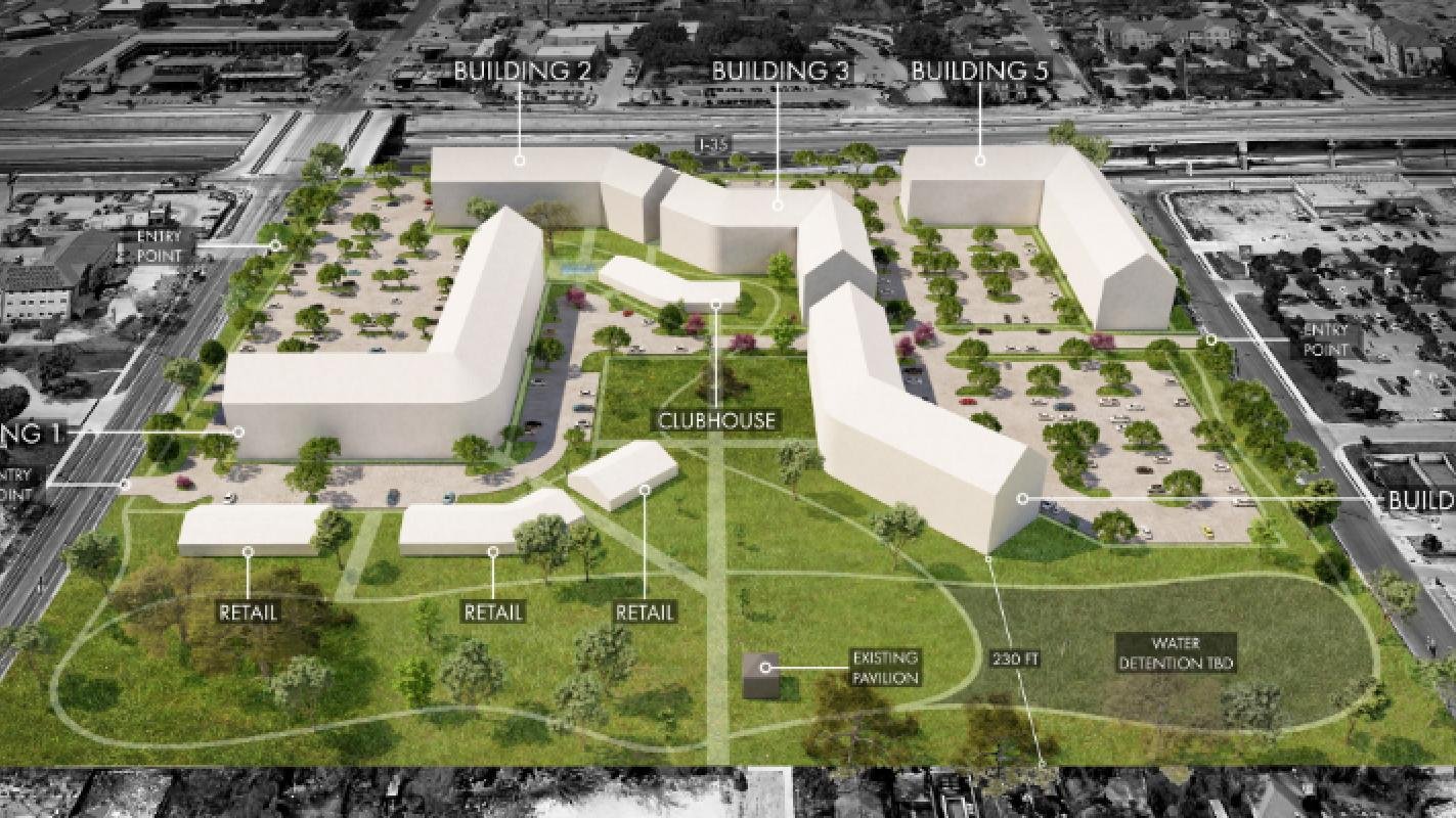 Conceptual massing rendering of the St. John South redevelopment at 800 E. St. John Avenue, showing apartment buildings, retail, and a central green