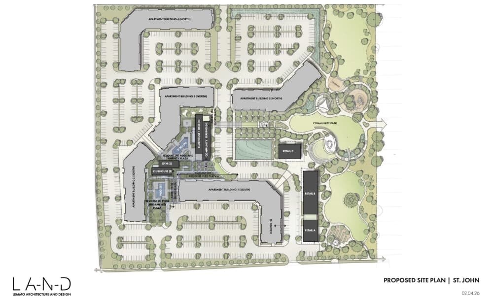 Proposed site plan for the St. John redevelopment showing apartment buildings, retail spaces, and a community park
