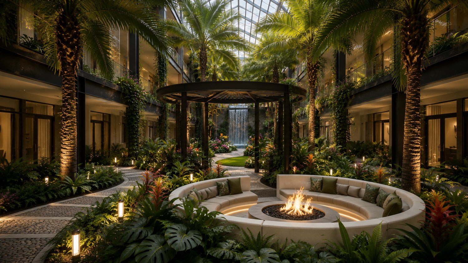 Evening rendering of the atrium courtyard with fire pit at Atrium at Fountains