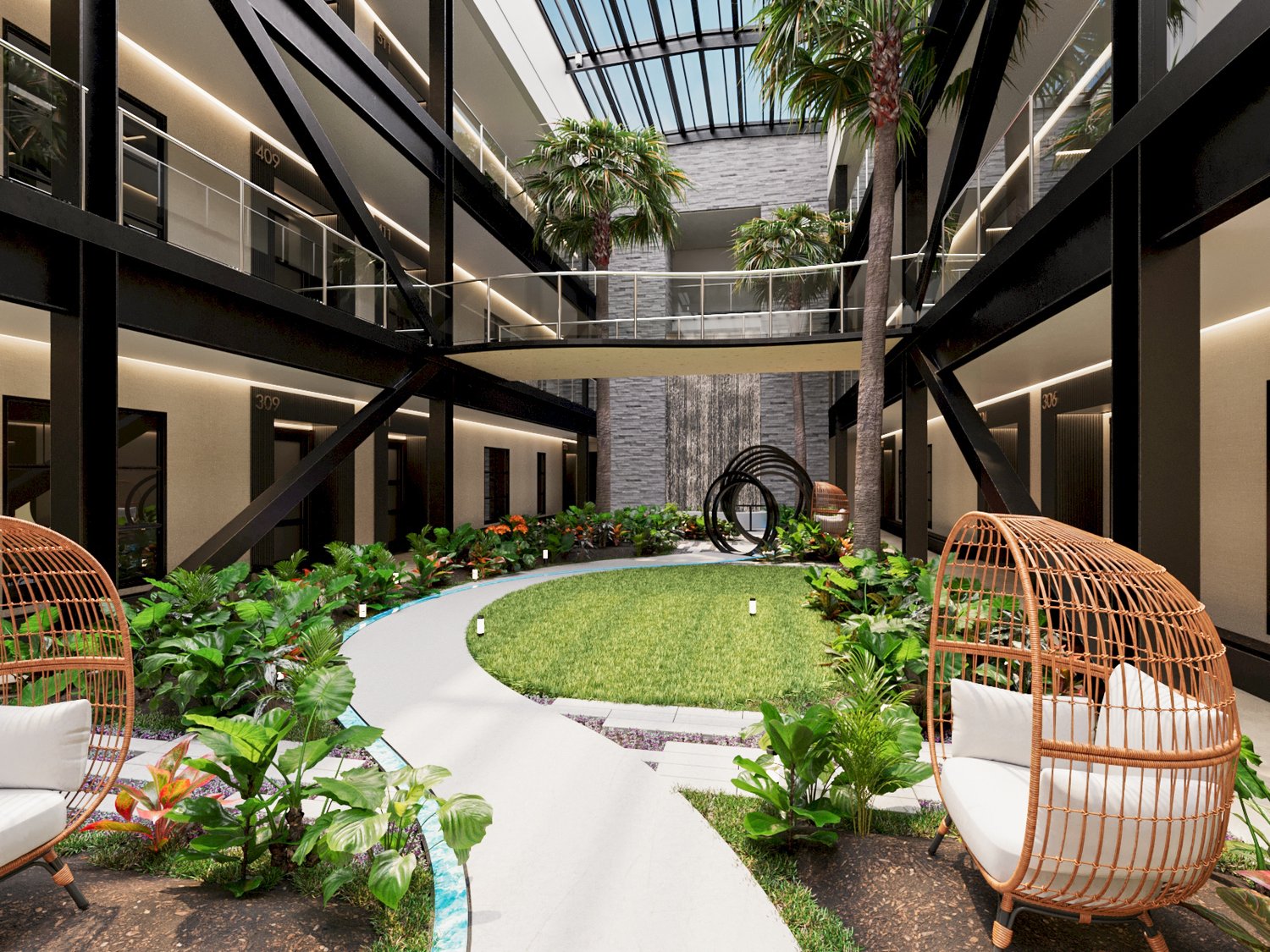 Rendering of the interior atrium garden at Atrium at Fountains