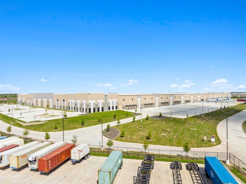 Aerial view of a completed warehouse at Intermodal Logistics Center in the Alliance area of Fort Worth