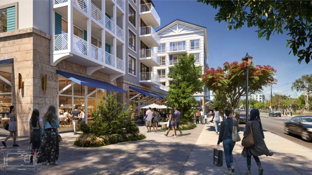 Street-level rendering of the proposed Grand Avenue housing development with ground-floor retail