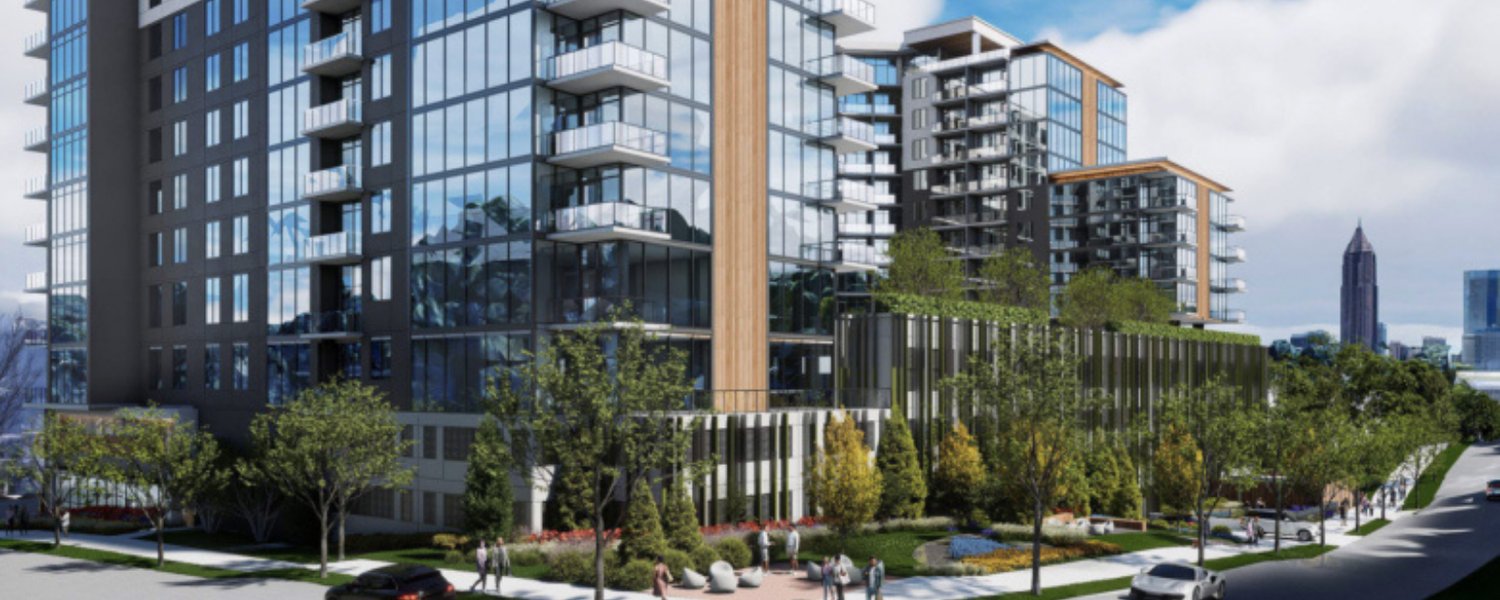Street-level rendering of the Selig Ponce de Leon tower's podium and landscaping