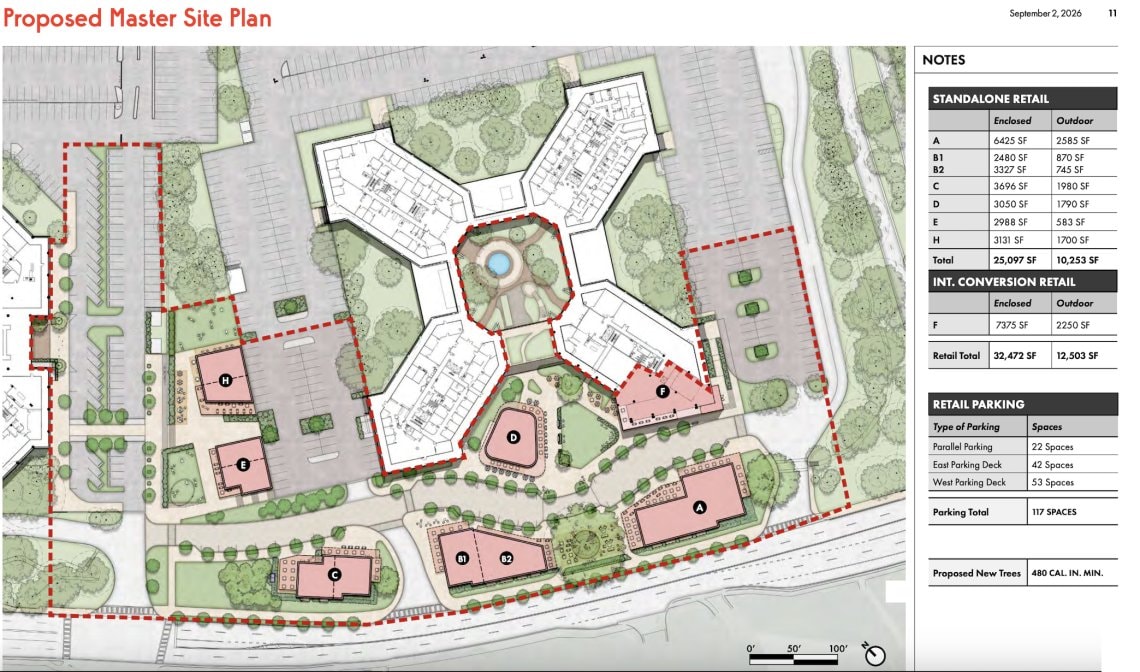 Proposed master site plan for the Piedmont Center retail village showing new standalone retail buildings