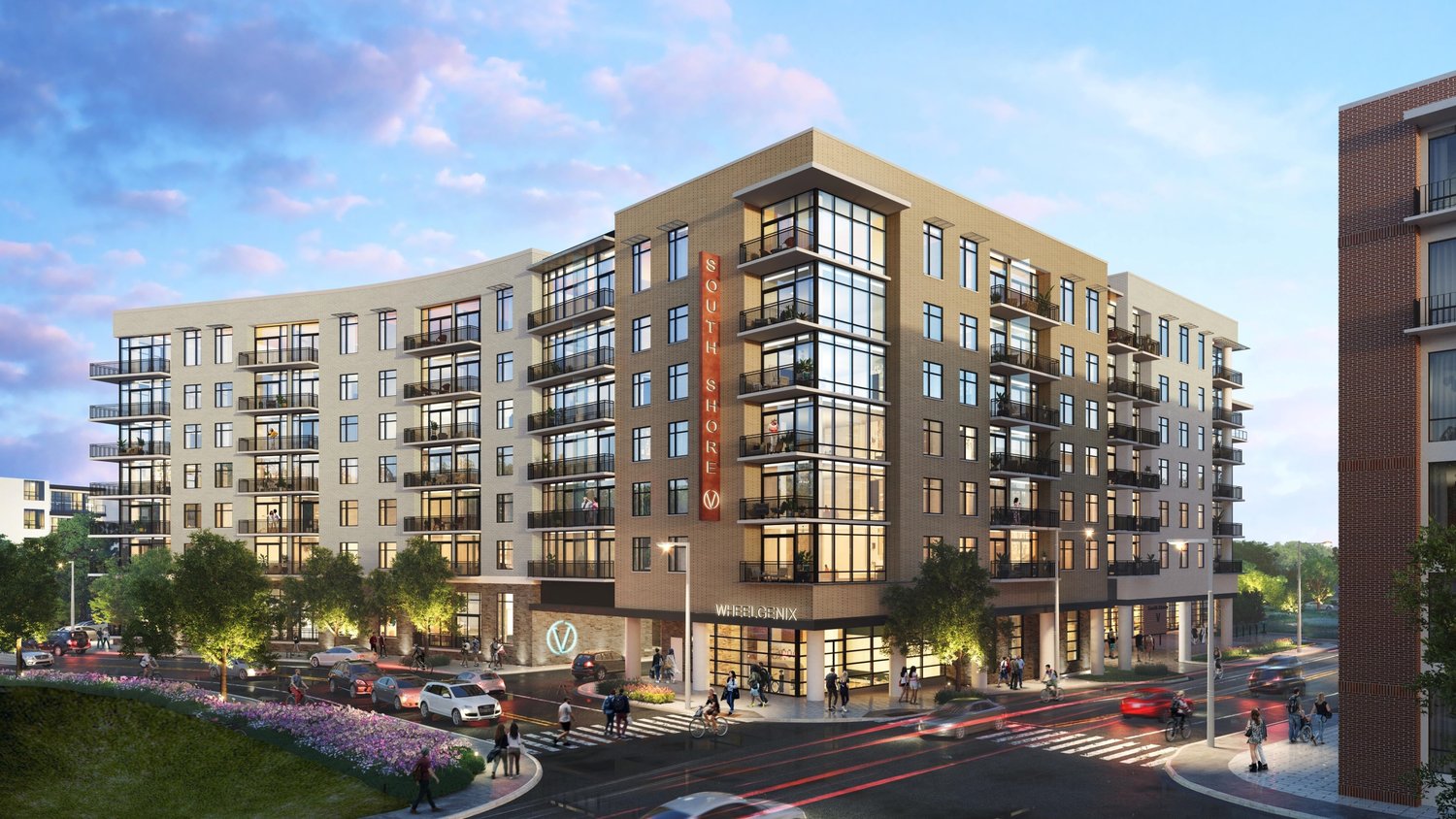 Street-level rendering of the South Shore apartments with ground-floor retail, part of the South Shore PUD Addition