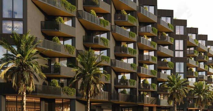 Facade detail rendering of The Triangle showing planted balconies