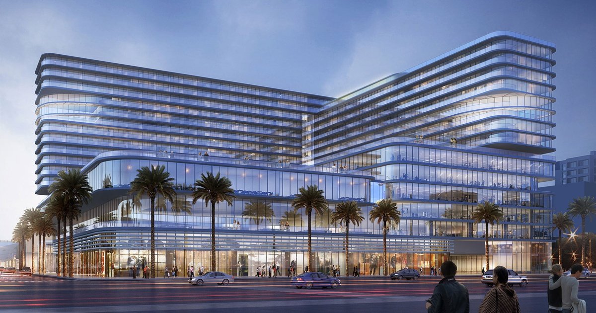 Rendering of the Grand Hyatt Miami Beach at dusk, viewed from Convention Center Drive