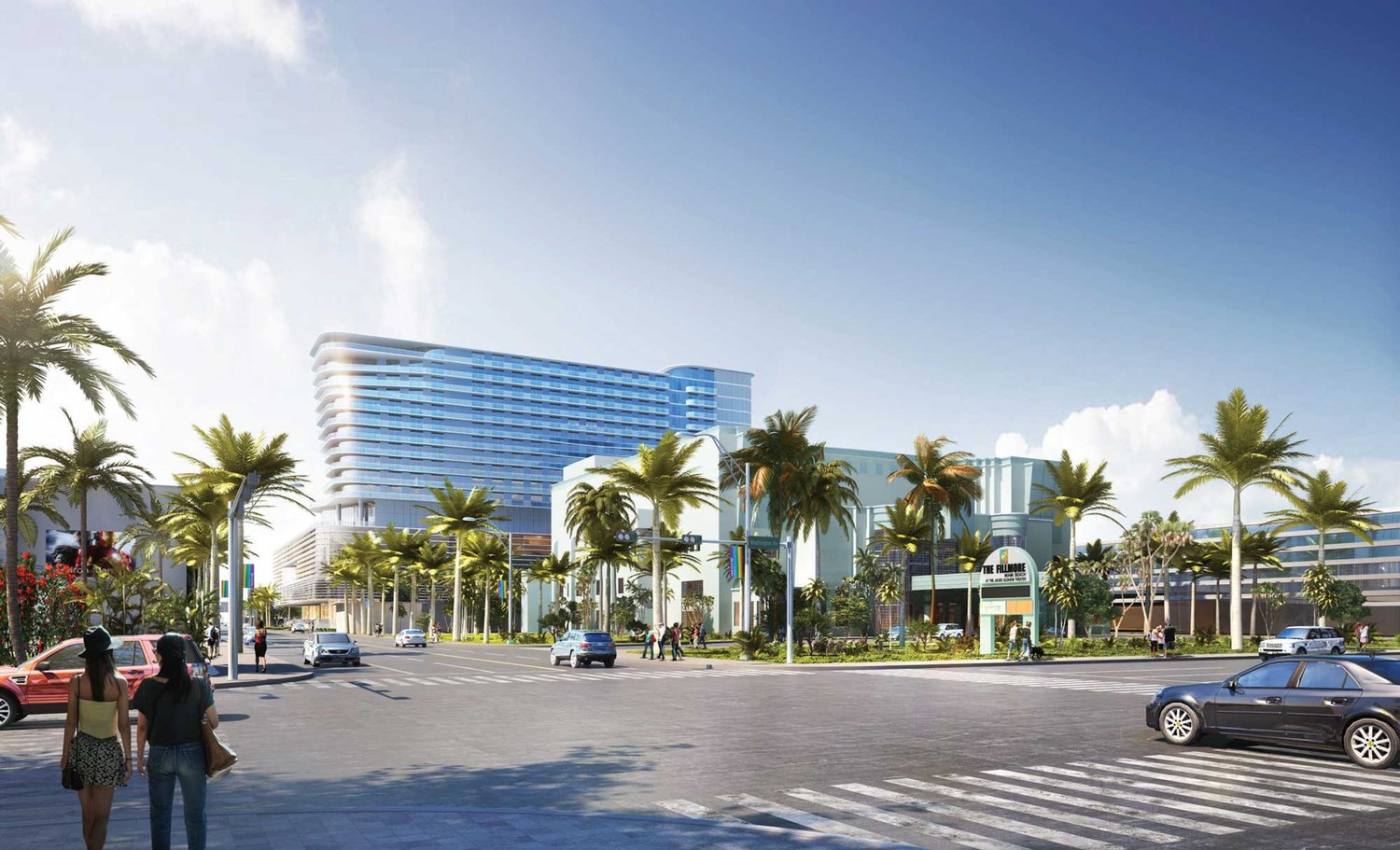 Street-level view of the Grand Hyatt Miami Beach from the surrounding Miami Beach streetscape