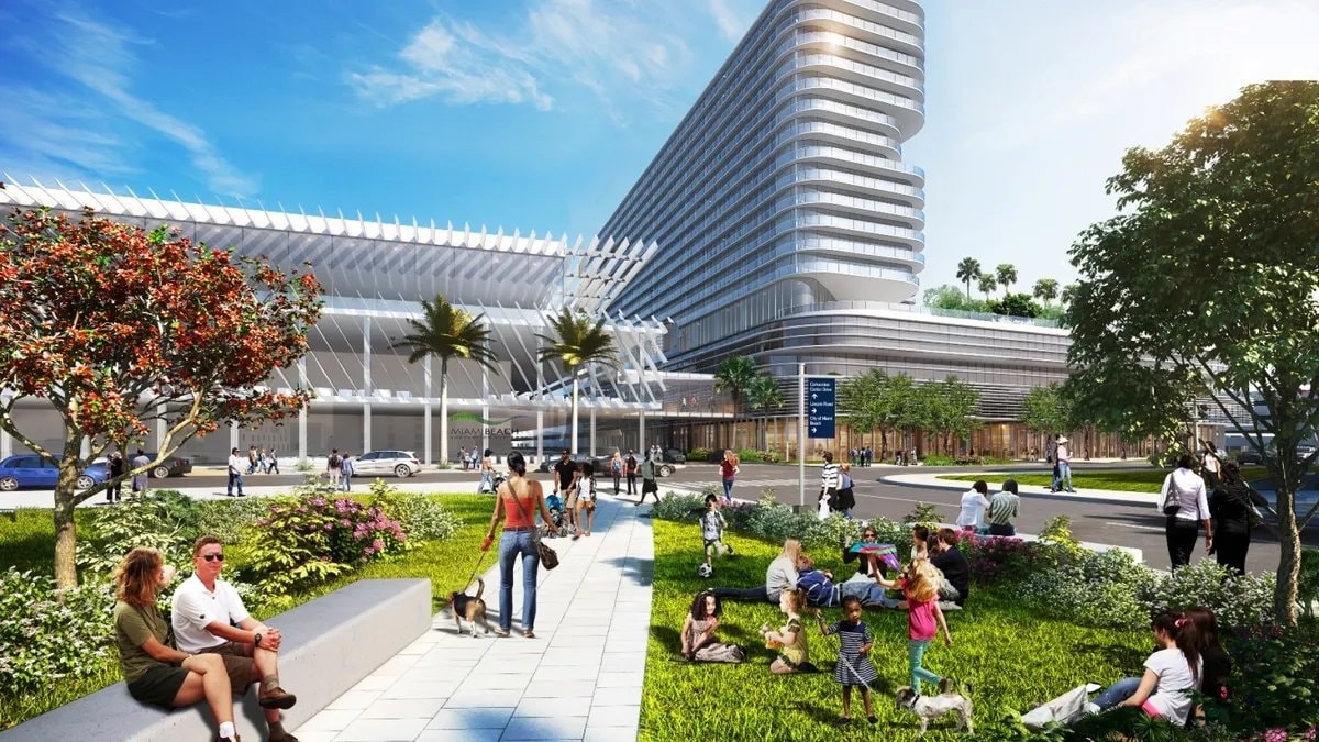 Public plaza and park space fronting the Grand Hyatt Miami Beach and convention center