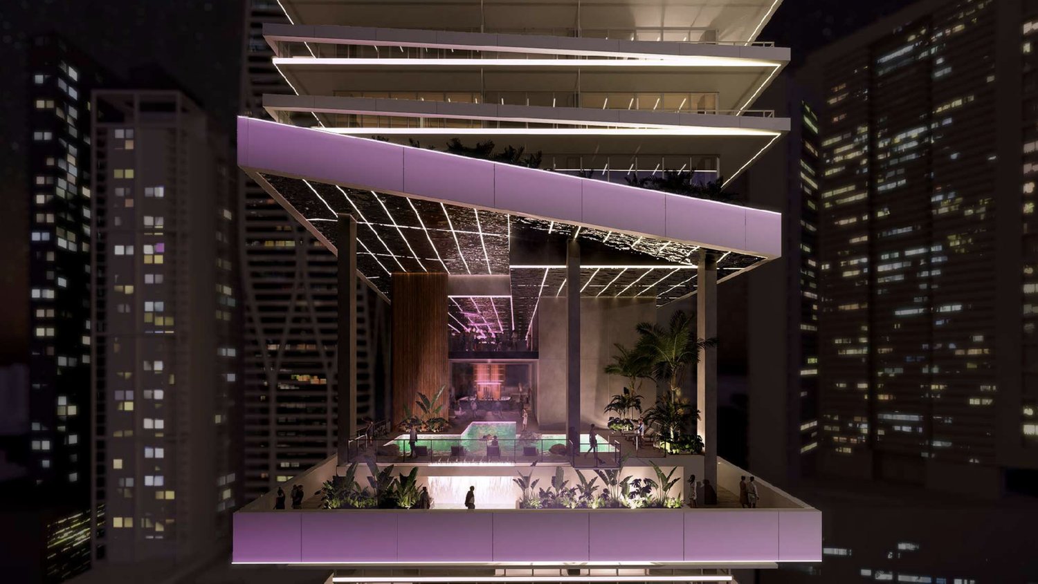 Night rendering of the tower's illuminated amenity terrace