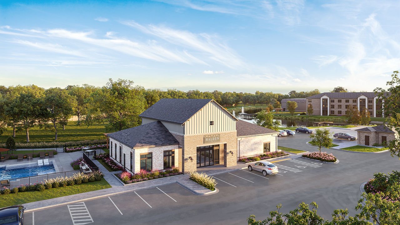 Rendering of the clubhouse and pool at Halden at Red Oak in Red Oak, TX