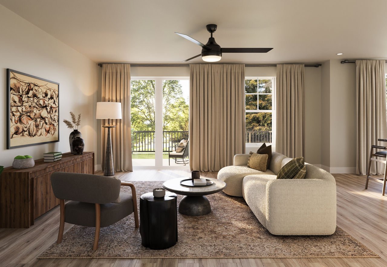 Rendering of a living room interior at Halden at Red Oak