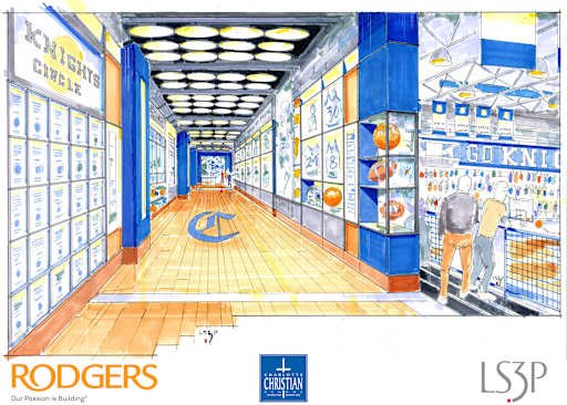 Concept sketch of the interior lobby and trophy corridor of the Saleh Athletic Center