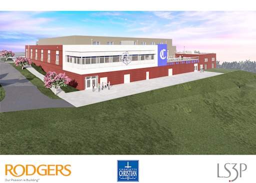 Aerial rendering of the Saleh Athletic Center showing the gymnasium and entry wing
