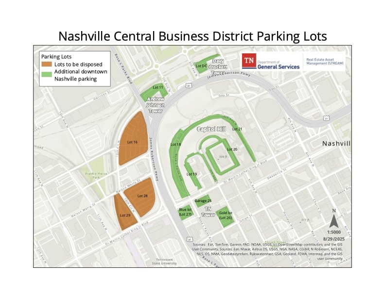 State of Tennessee map showing the five Capitol-area parking lots (16, 26, 27, 28, 29) proposed for mixed-use redevelopment