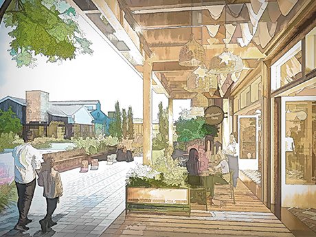 Rendering of a covered pedestrian promenade at Sagefield
