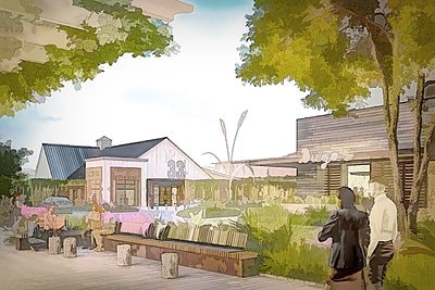 Rendering of outdoor gathering spaces at Sagefield