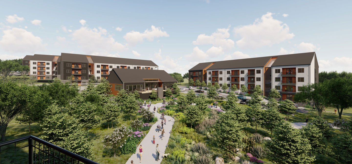 Rendering of the Honeywood Dickson community green and residential buildings