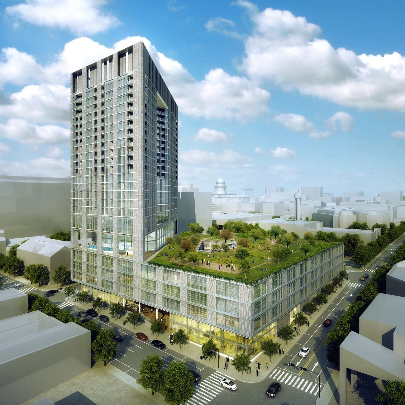 Aerial rendering of Block 87 showing the tower and landscaped podium roof