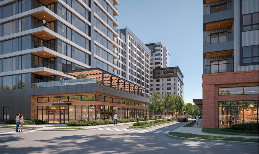 Rendering of ground-floor retail and residential buildings at SidCo Commons