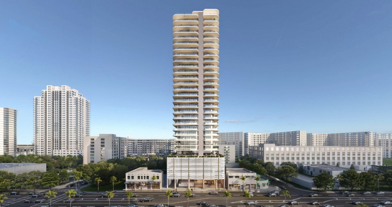 Rendering of 824 Alton Road showing the tower and street-level podium