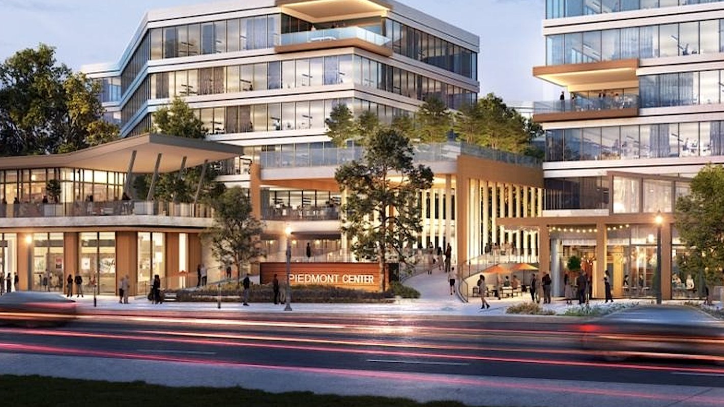 Street-level rendering of the redeveloped Piedmont Center campus at dusk