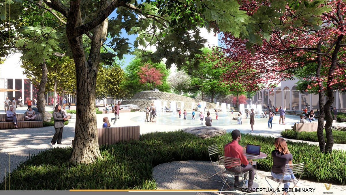 Conceptual rendering of the central fountain plaza in Vanderbilt's Innovation Neighborhood
