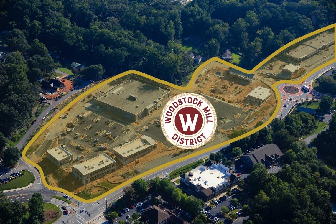 Aerial view of the Woodstock Mill District site under construction