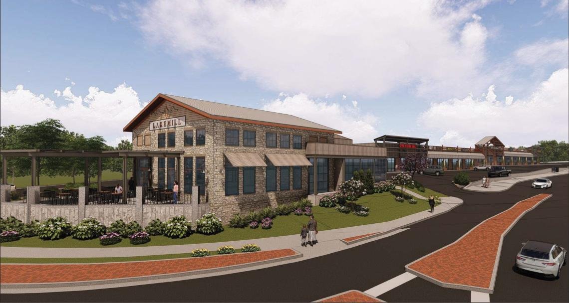 Rendering of the mill-inspired anchor building at Woodstock Mill District