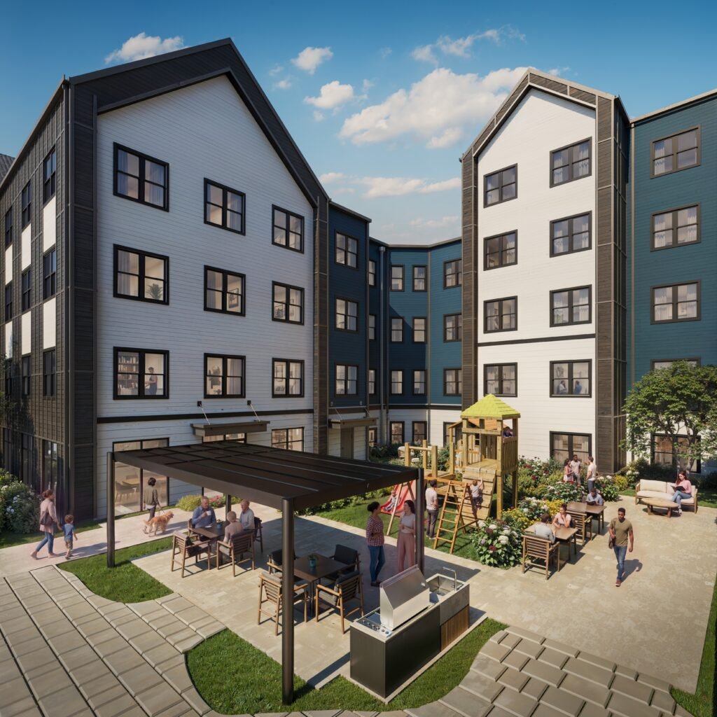 Rendering of the interior courtyard at Joyfield Rise at Woodward, with playground and outdoor seating