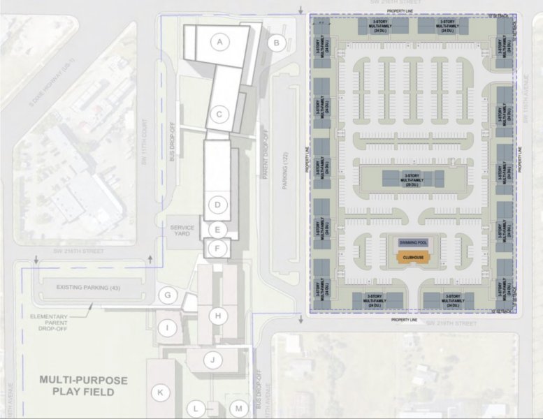 Proposed site plan showing 3-story affordable apartment buildings, clubhouse, and pool next to the Mays Conservatory campus