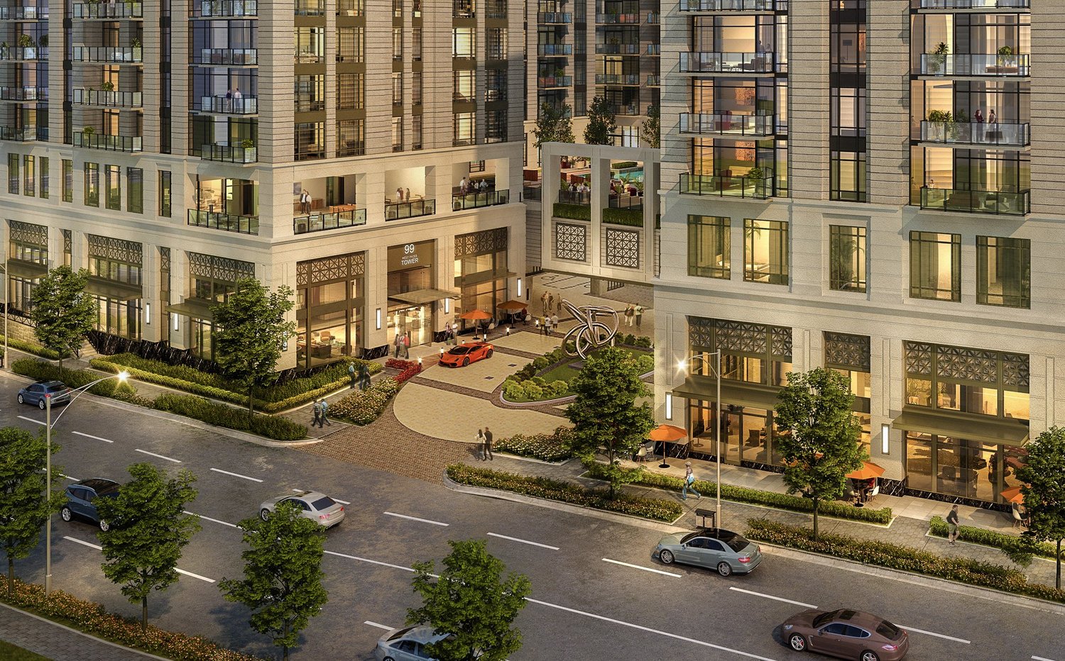 Street-level rendering of the 99 West Paces entrance and ground-floor retail