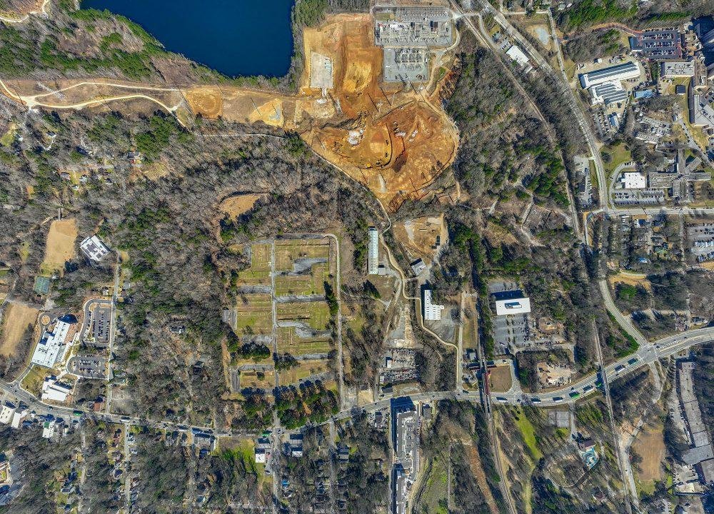 Aerial view of the Quarry Yards area and Bellwood Quarry, showing the donated land and surrounding Grove Park neighborhood