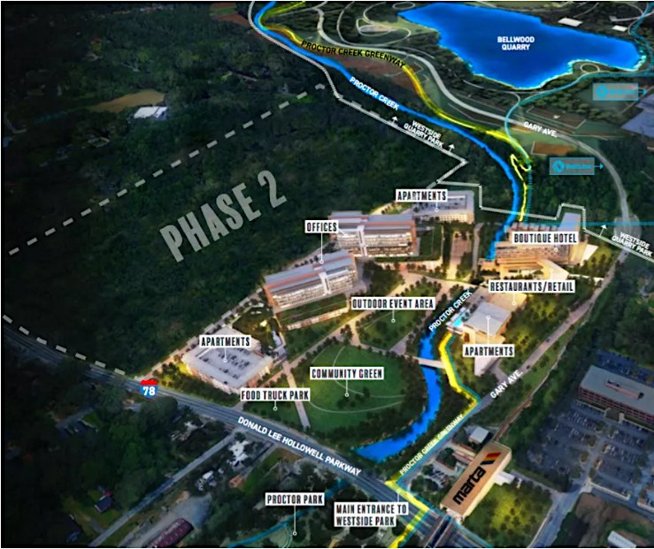 Master plan rendering of the Quarry Yards site along Donald Lee Hollowell Parkway, where Microsoft donated 22.5 acres to the City of Atlanta