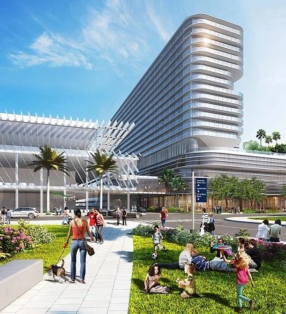 Rendering of the hotel tower viewed from the convention center plaza
