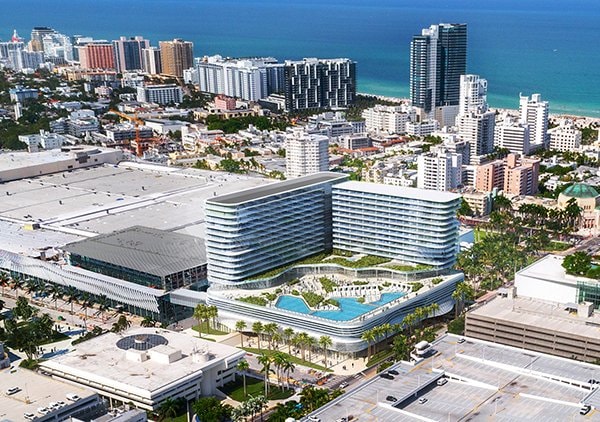 Aerial rendering of the Grand Hyatt Miami Beach showing the rooftop amenity deck and convention center