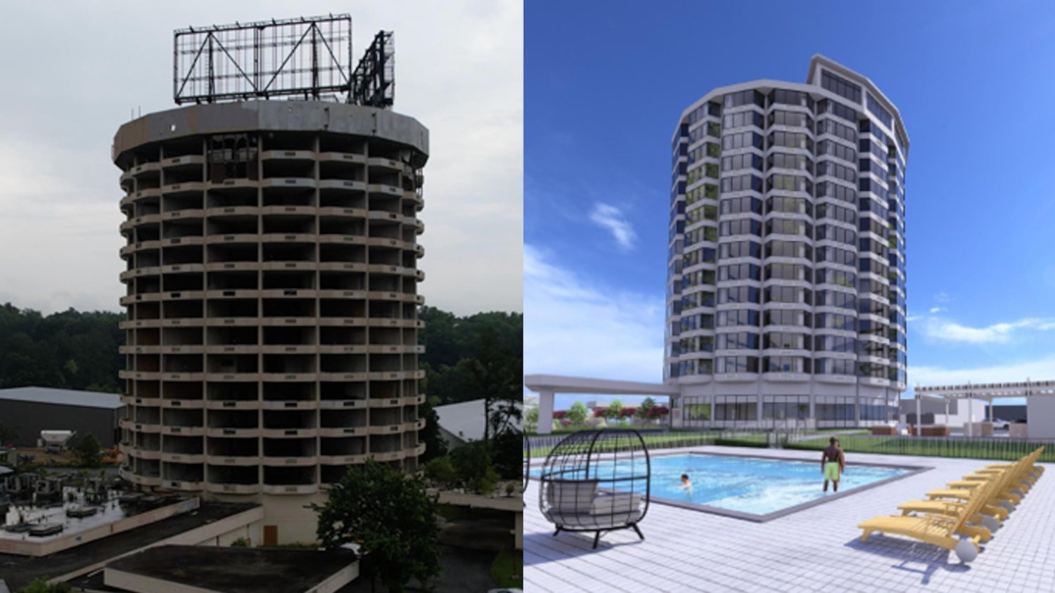 The vacant Presidential Hotel tower today (left) and a rendering of the planned Presidential Tower Apartments conversion (right)