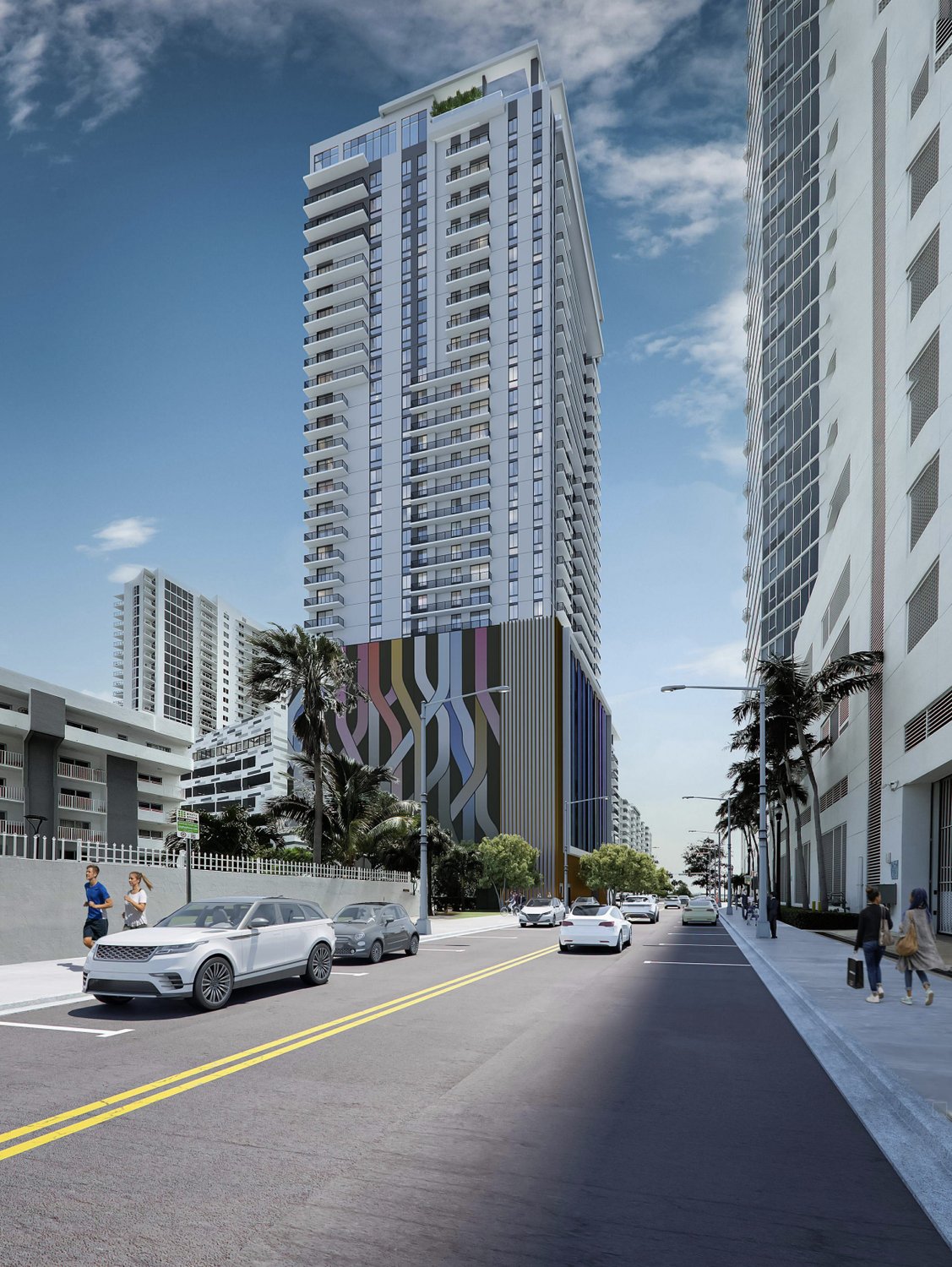 Street-level rendering of the proposed tower at 2100 North Bayshore Drive in Miami's Edgewater