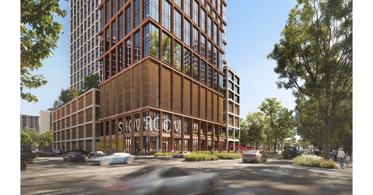 Rendering of Hi Line Square's office tower and showroom retail base