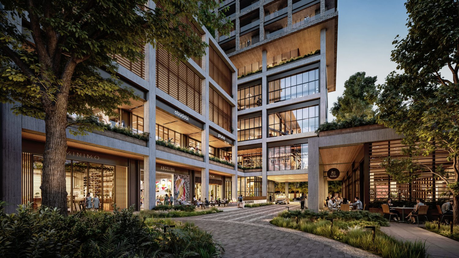 Rendering of the ground-level retail paseo at Hi Line Square