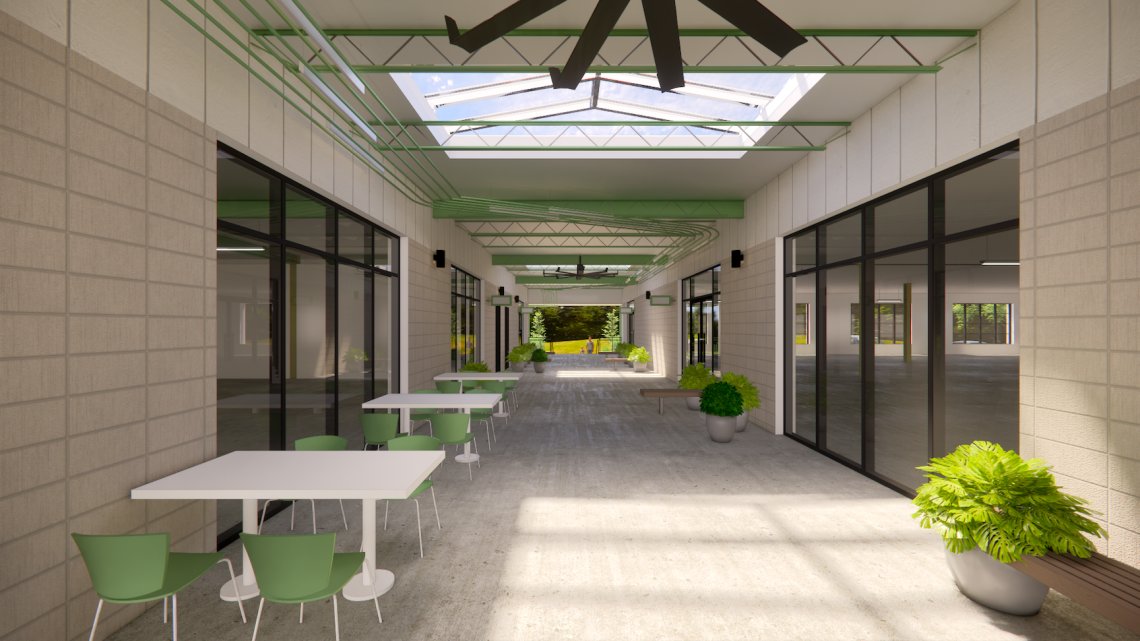 Interior rendering of The Berkeley's skylit central corridor