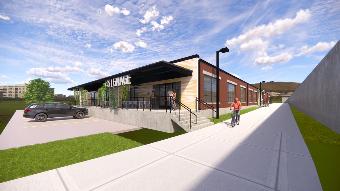 Wide rendering of The Berkeley showing the trail frontage and entry plaza