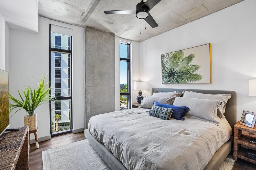 A bedroom in a model residence at ClearView at Echelon City Center