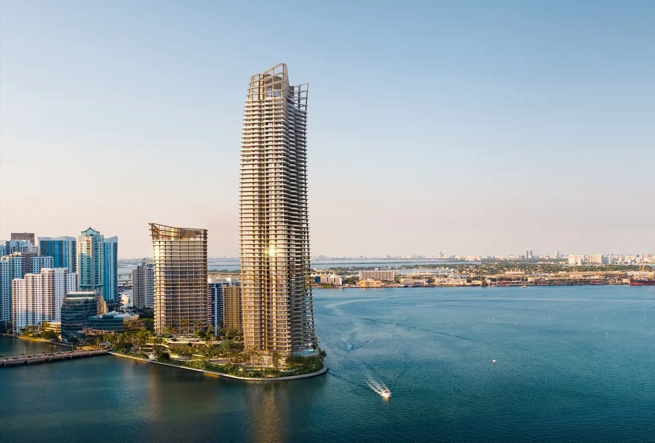 Rendering of the two One Island Drive towers on Brickell Key, designed by Kohn Pedersen Fox