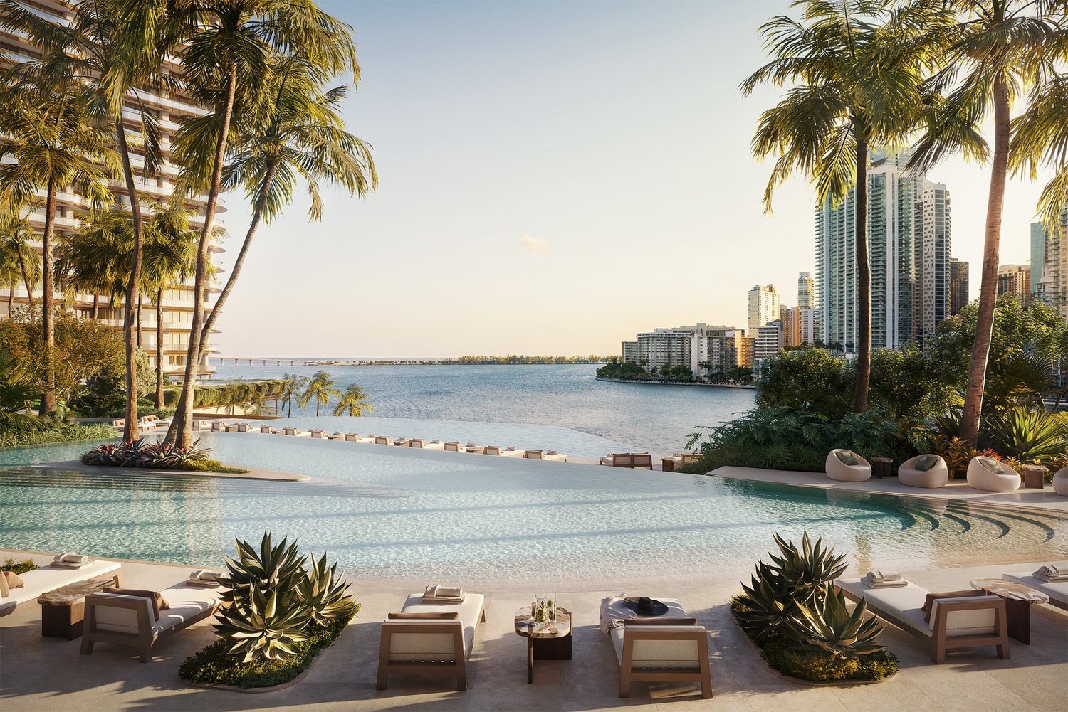 Rendering of the waterfront lagoon amenity deck at One Island Drive, Brickell Key