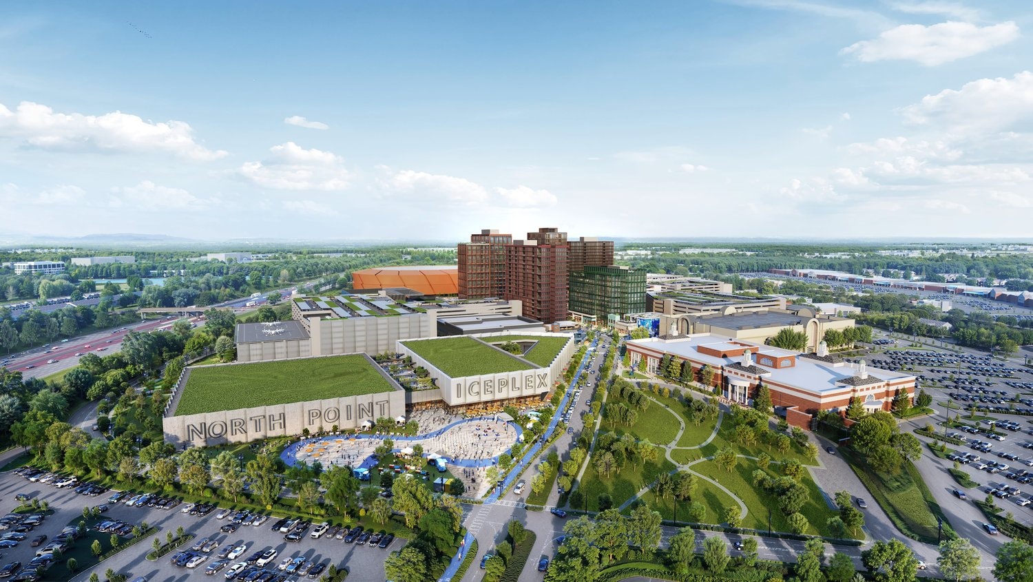 Rendering of the North Point district with the Iceplex, green roofs, and arena visible