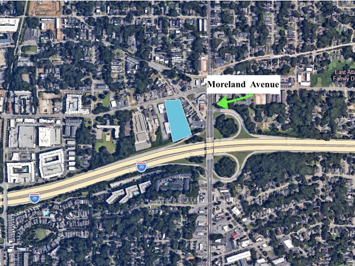 Aerial map showing the project site (highlighted) along Memorial Drive near Moreland Avenue and I-20