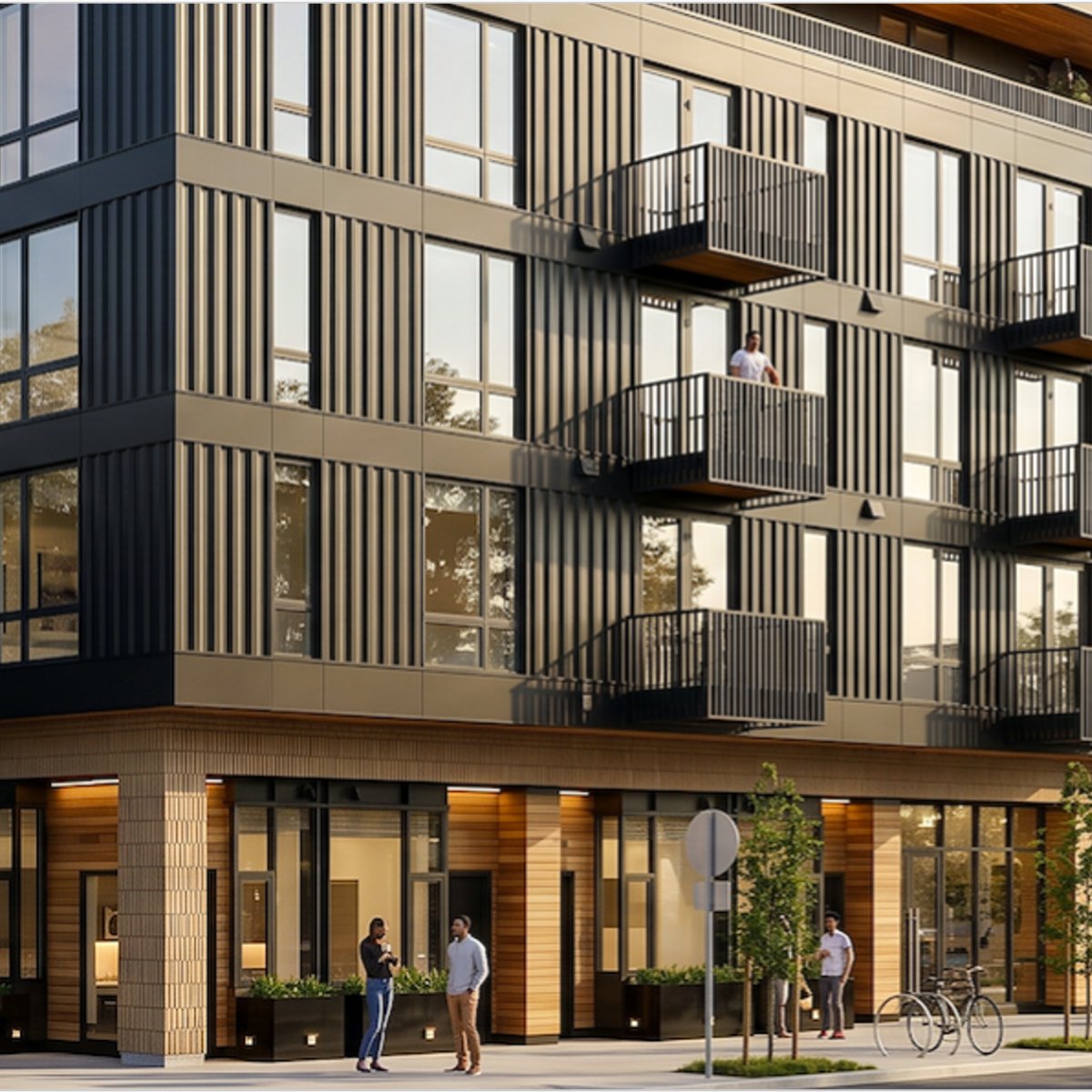 Rendering detail of the proposed 166-unit all-affordable apartment building at 1119 Memorial Drive SE